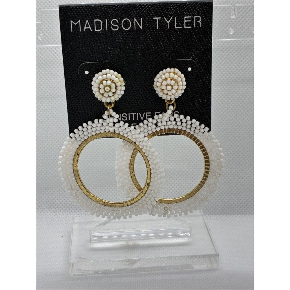 3For$20 Madison White Beaded Hoop Drop Earrings